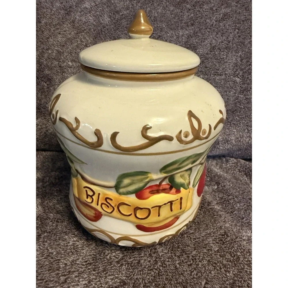 VTG 7.5HAND PAINTED NONNI'S BISCOTTI BISCUIT COOKIE CANNISTER JAR W/APPLE Design